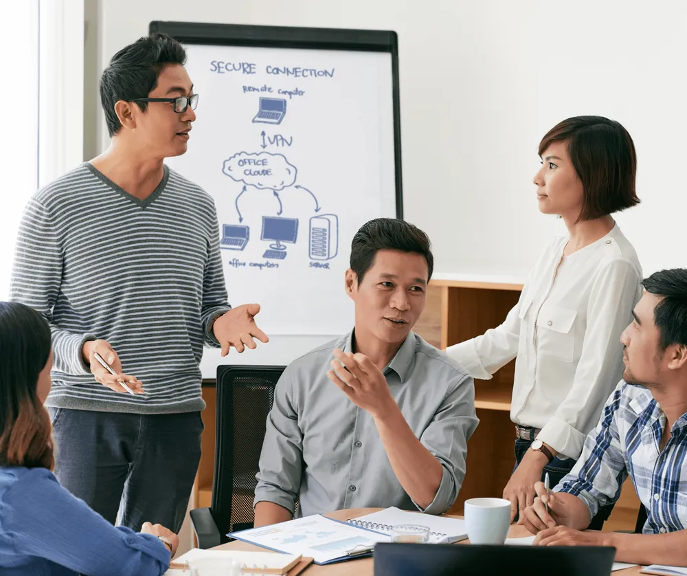 Team collaborating in a business meeting