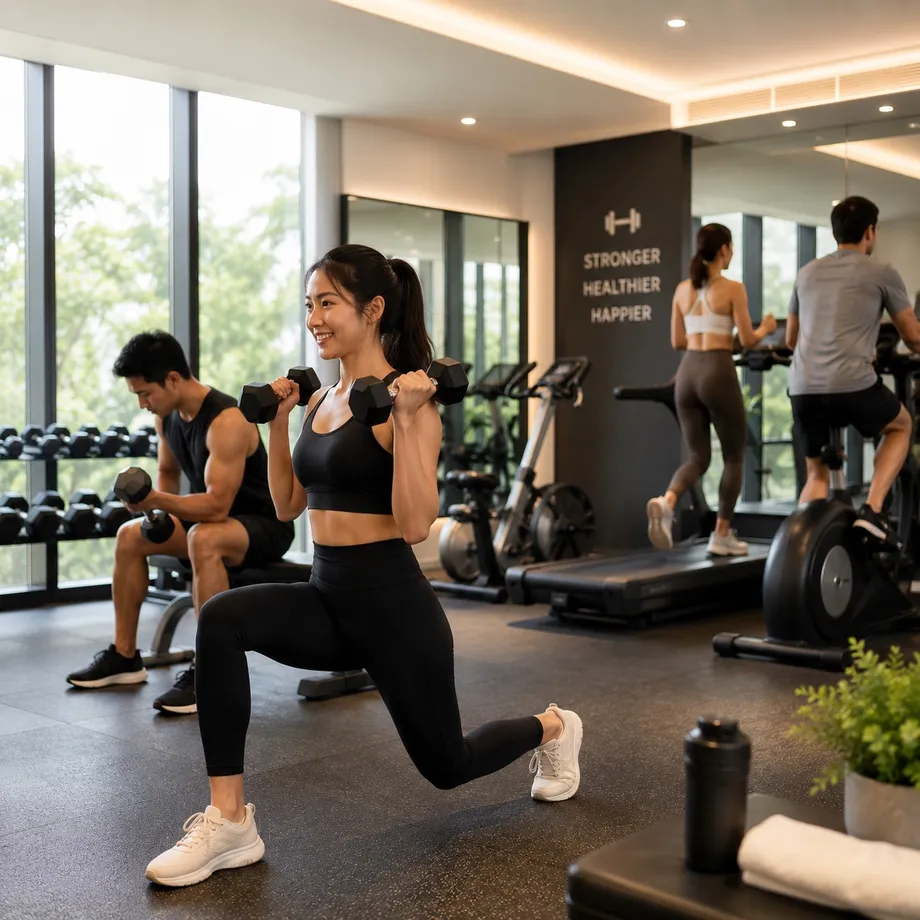 Members training with dumbbells in a bright modern fitness studio