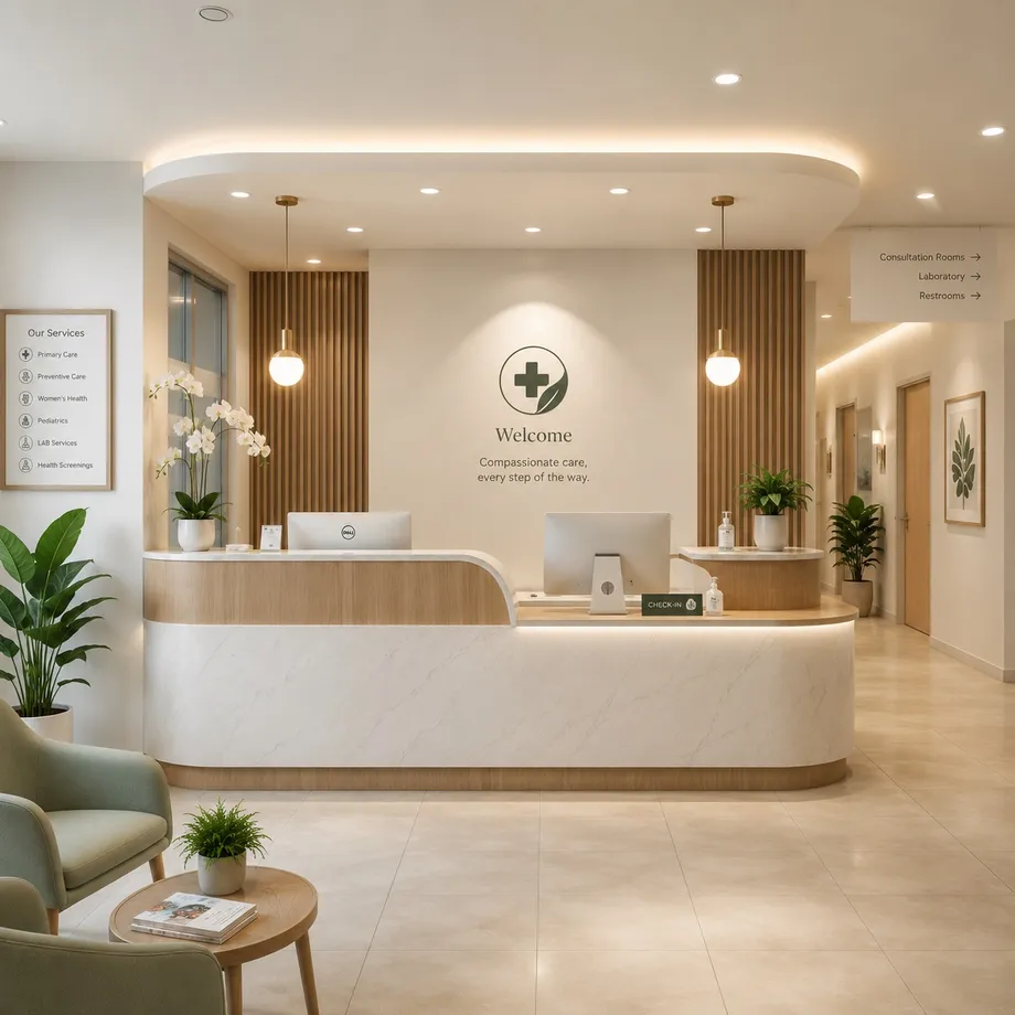 Calm, modern medical clinic reception with a welcome desk and waiting area