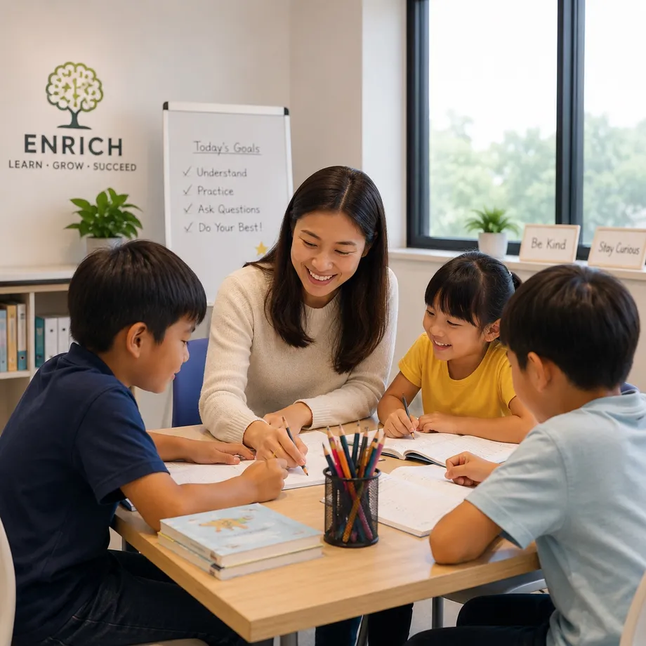 A teacher guiding young students through a lesson at an enrichment centre