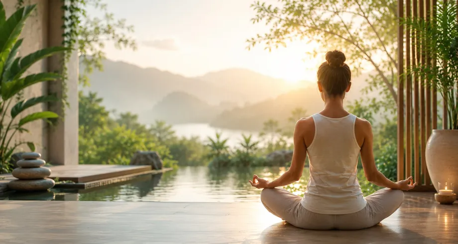Woman meditating at sunrise by an infinity pool at a serene wellness retreat
