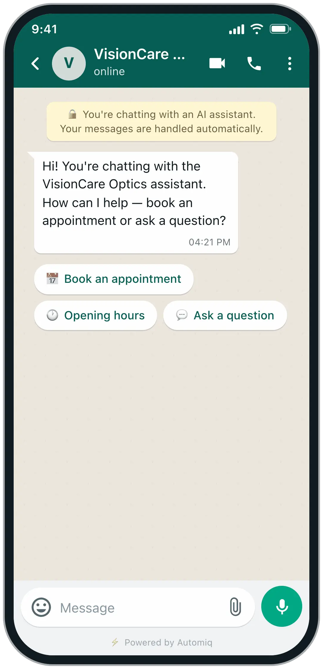 WhatsApp conversation: a customer books a physiotherapy appointment with the BooknGo AI receptionist in under two minutes